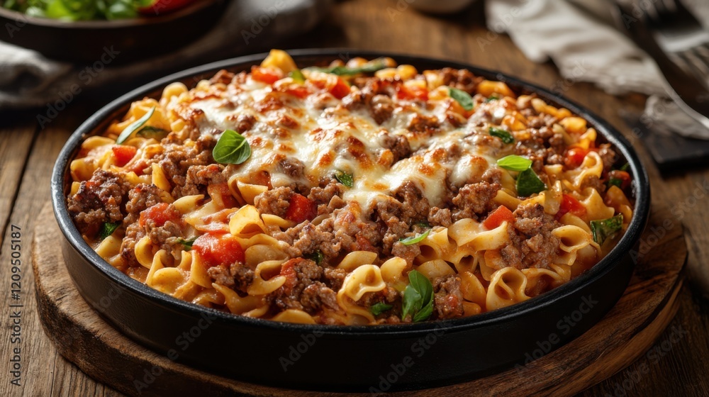 Noodle casserole with meat. Generative AI Noodle casserole with meat. Generative AI