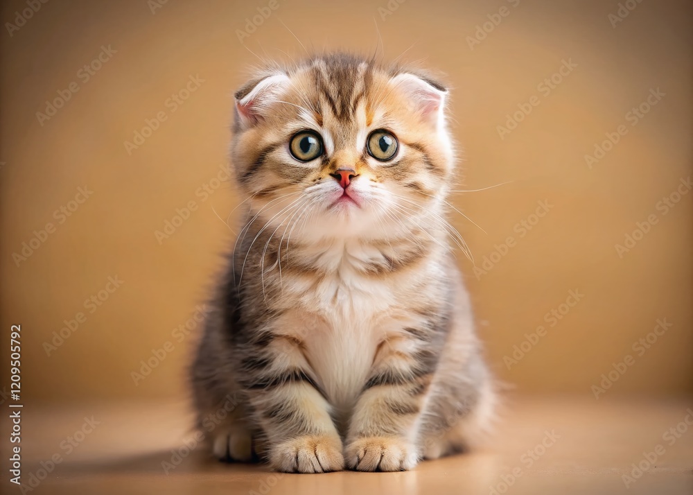 Adorable Scottish Fold Kitten with Striking Eyes - Long Exposure Beige Background Stock Photo Adorable Scottish Fold Kitten with Striking Eyes - Long Exposure Beige Background Stock Photo