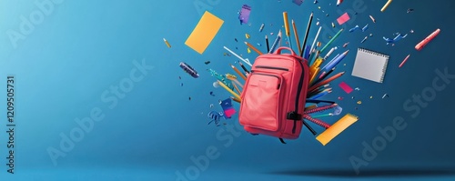 Vivid image of a backpack with school supplies, notebooks, and pencils flying out on a blue background