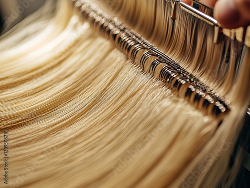 Wallpaper Mural Close-Up of Blonde Hair Extensions in Production with Metallic Clips in a Professional Workshop Torontodigital.ca