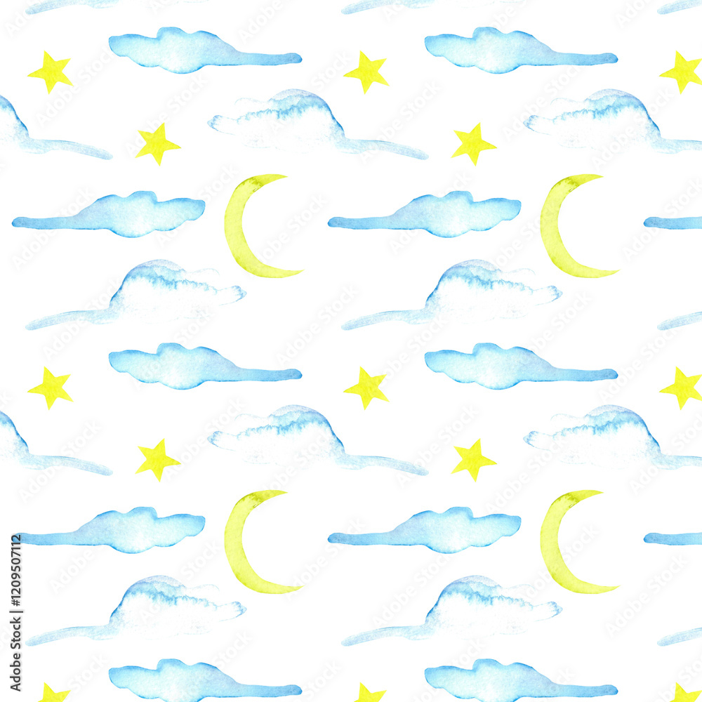 Cute cartoon white clouds on light sky. Doodle watercolor seamless pattern. Minimal wallpaper. Design for fabric isolated on white background Cute cartoon white clouds on light sky. Doodle watercolor seamless pattern. Minimal wallpaper. Design for fabric isolated on white background