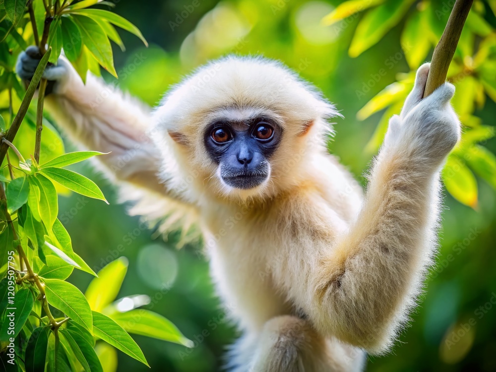 Fototapeta premium Adorable White Gibbon Monkey Hanging on Tree Branch, Cute Primate in Natural Habitat