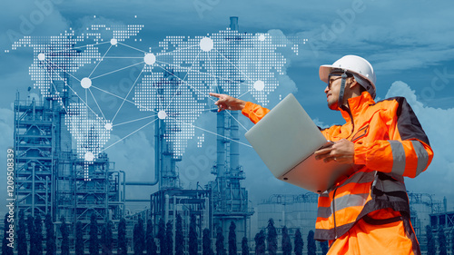 Professional Engineer petroleum industry worker with refinery overlay world wide map connection