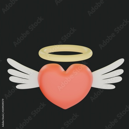 A heart with wings and a halo in the form of an angel. 3d render illustration. Valentine's Day icon