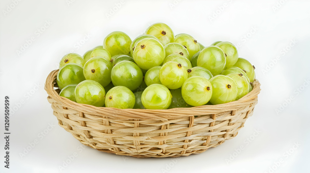 Fresh Green Indian Gooseberries in a Wicker Basket, Indian gooseberry, amla, Phyllanthus emblica, green gooseberry, fruit Fresh Green Indian Gooseberries in a Wicker Basket, Indian gooseberry, amla, Phyllanthus emblica, green gooseberry, fruit