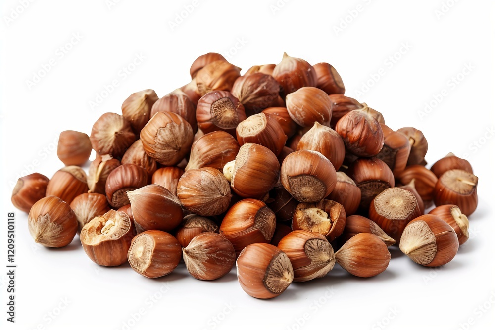 Pile of hazelnuts forming a small mountain isolated on white background Pile of hazelnuts forming a small mountain isolated on white background