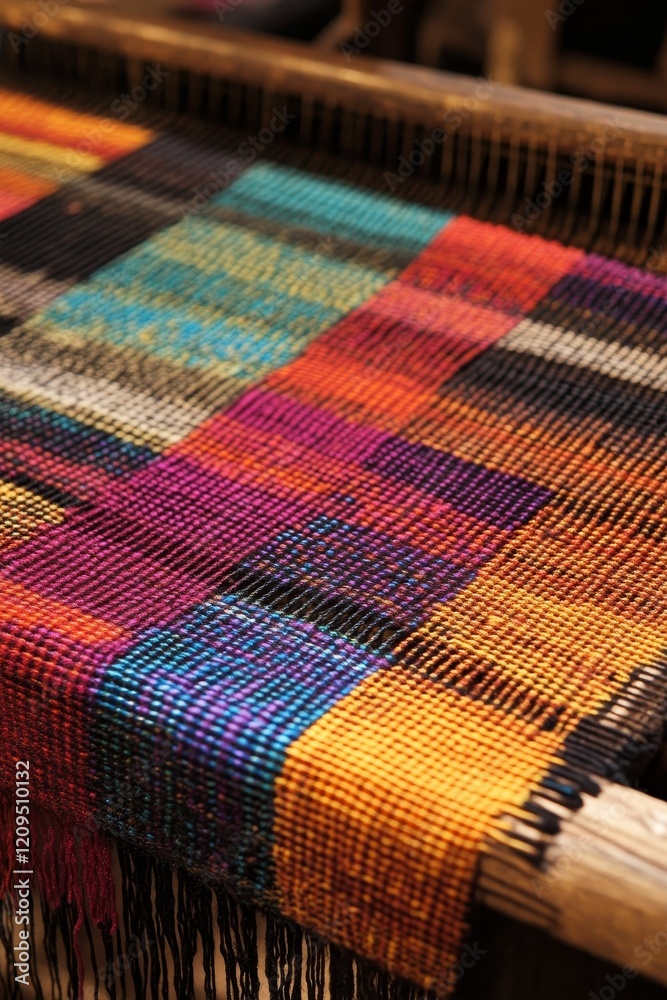 Colorful woven textile on a weaving loom frame. Colorful woven textile on a weaving loom frame.
