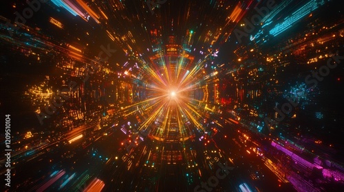 Overhead shot of a concert music stage, illuminated with colorful stage lights in a variety of hues, with empty space for copy.