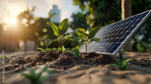 Sustainable Energy and Growth: Solar Panel and Saplings photo