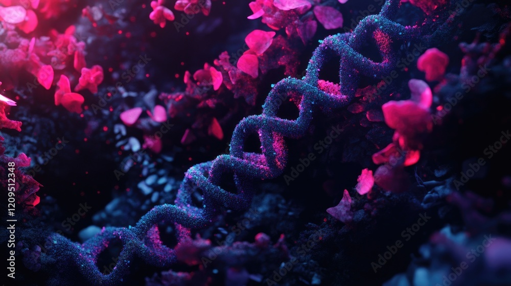 Obraz premium Top-down shot of a stylized DNA model made from molecular shapes on a glowing background, offering space for branding.