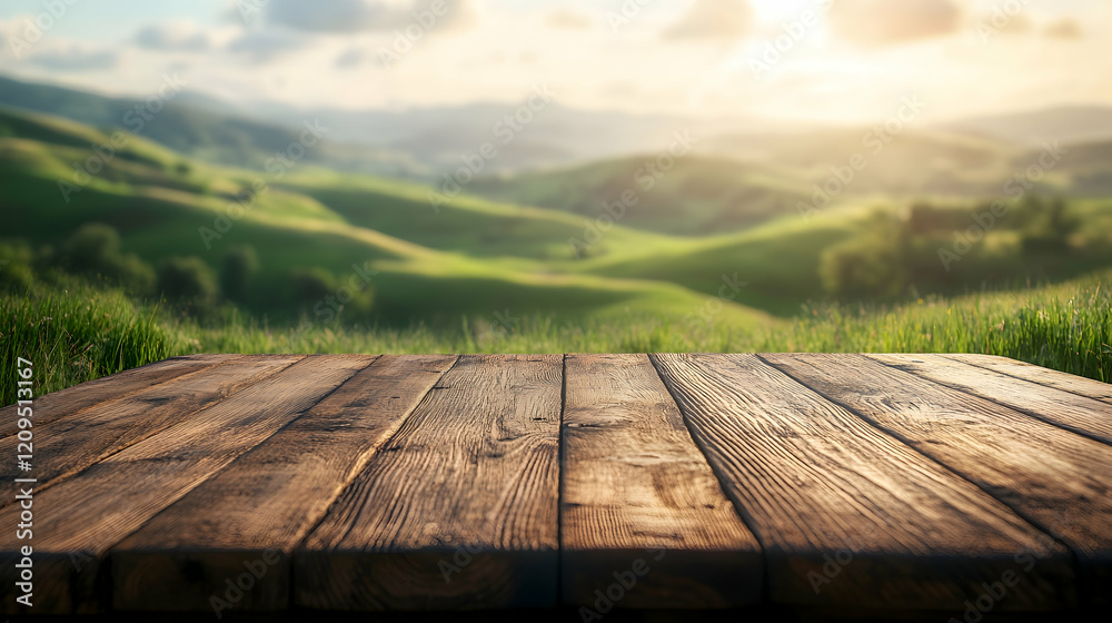 Wooden Tabletop with Blurred Rolling Hills Background, wood texture, surface, landscape, green hills, countryside Wooden Tabletop with Blurred Rolling Hills Background, wood texture, surface, landscape, green hills, countryside
