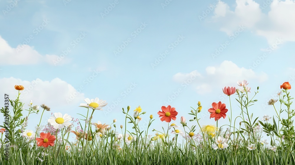 Obraz premium The seasonal ecology of a wildflower meadow Colorful wildflowers in a green field under a blue sky.