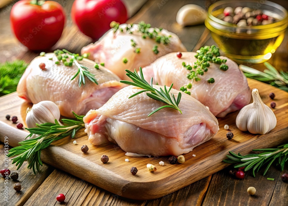 Raw Chicken Thighs with Herbs & Garlic - Premium Culinary Stock Photo Raw Chicken Thighs with Herbs & Garlic - Premium Culinary Stock Photo
