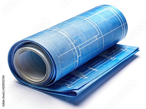 Rolled Blueprint Architectural Plan, Tied with String, Isolated White Background Stock Photo