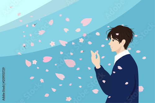 春に舞う桜の花びらを手にする人
