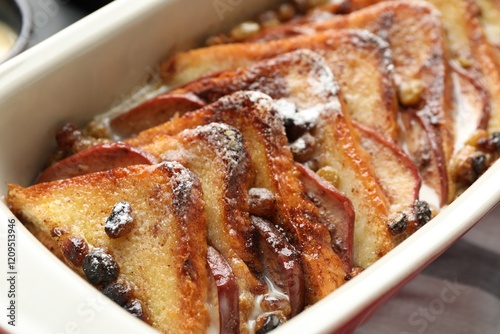 Wallpaper Mural Freshly baked bread pudding in baking dish on table, closeup Torontodigital.ca