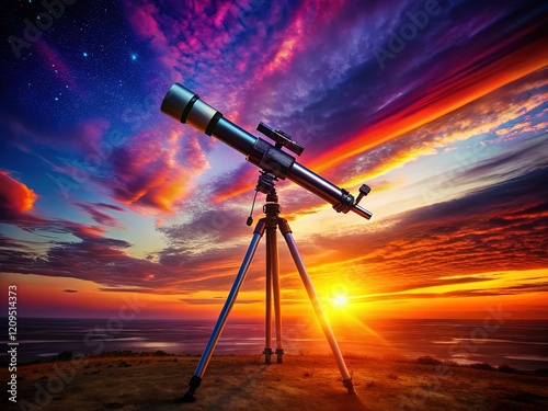 Silhouette of Telescope Against Sunset, Apochromatic Refractor Astronomy Photography photo