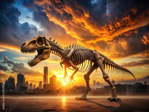 T-Rex roars into the 21st century! Stunning double exposure photos blend dinosaur might with vibrant contemporary scenes. photo