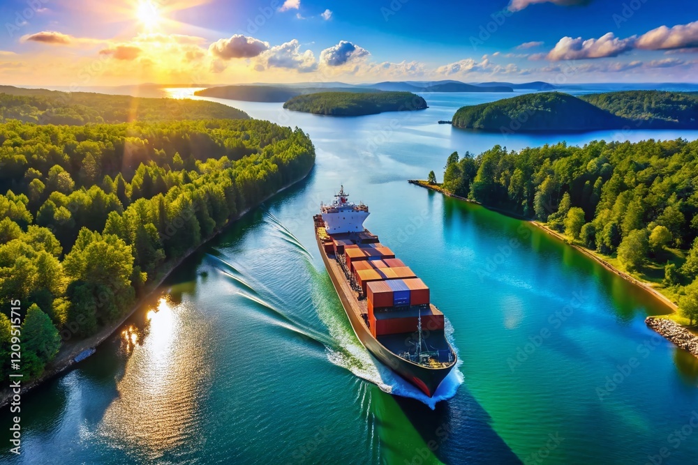 Naklejka premium Aerial View: Cargo Ship at Sea with Lush Green Trees in Background