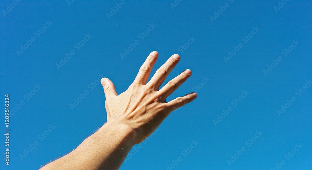 Outstretched Hand Against Vibrant Blue Background - Concept of Hope and Ambition Outstretched Hand Against Vibrant Blue Background - Concept of Hope and Ambition