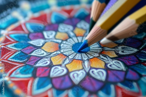 Colored pencils draw a complex, patterned, vivid mandala. photo