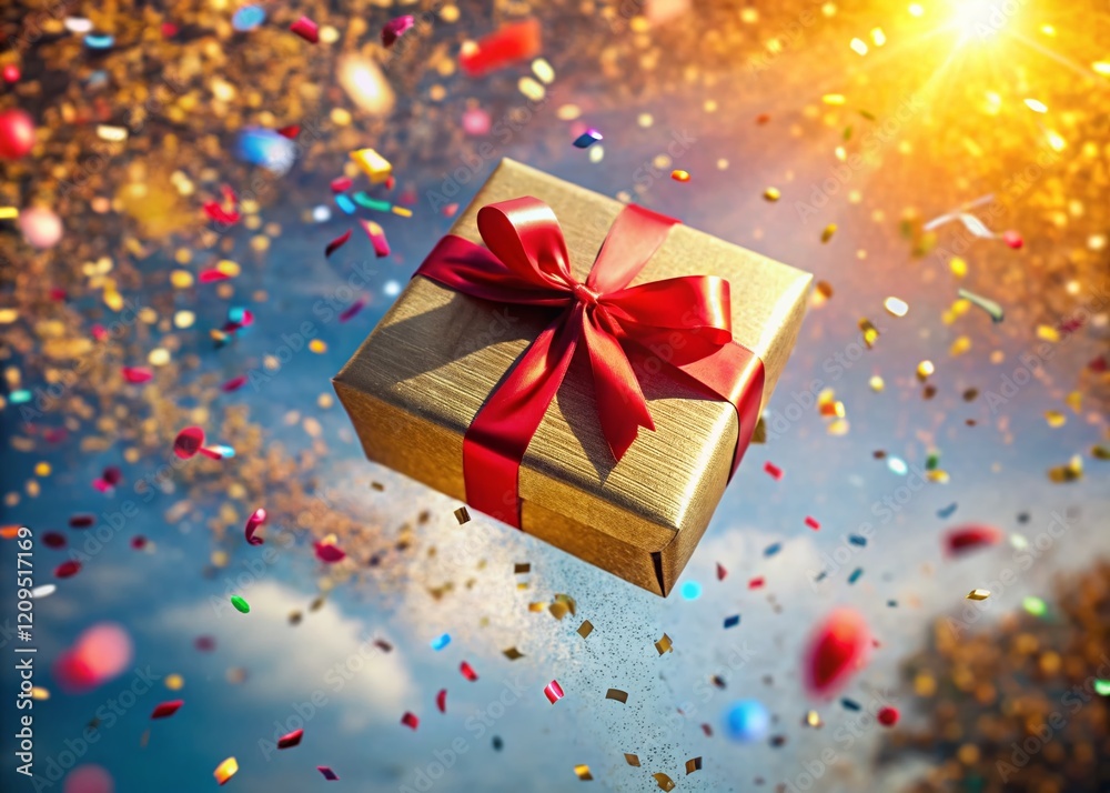 Fototapeta premium Aerial View: Gold Gift Box with Red Ribbon & Falling Confetti - Drone Photography