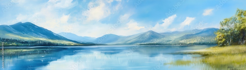 Serene lake reflecting mountains under a bright blue sky.