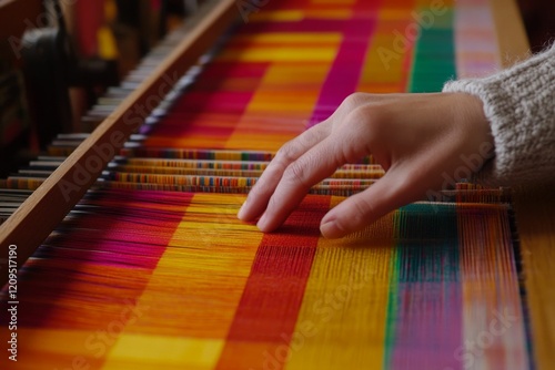 Hand on colorful woven textile on wooden loom.