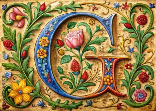 Vintage G initial letter, medieval floral motif, antique miniature book design; a charming alphabet.