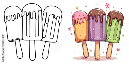 Popsicle Ice Cream Line Art Vector Illustration Black and White with Coloring Sample. Bold and Easy Food, Fruits, Sweets, Drinks, Dessert, and Snacks Coloring Pages for Adults and Kids
