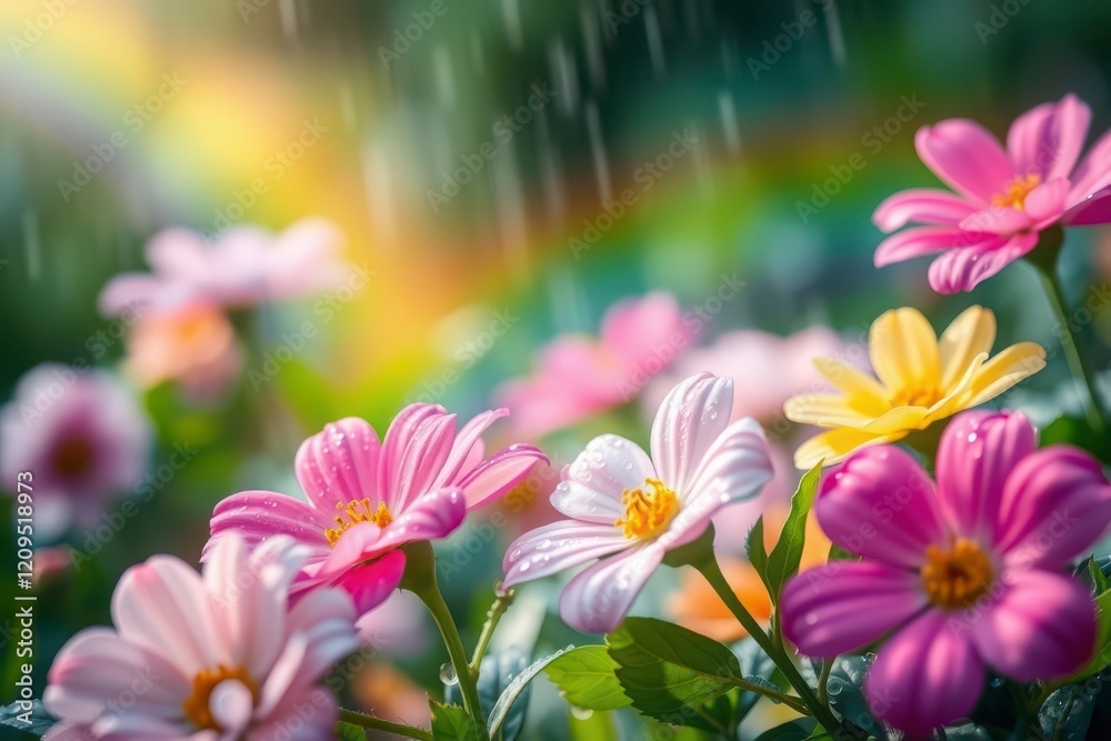 A vivid rainbow arching colorful flower garden in full bloom. A vivid rainbow arching colorful flower garden in full bloom.