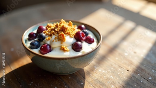 A delightful bowl of creamy yogurt topped with crunchy granola, sweet blueberries, and juicy red berries, bathed in warm sunlight on a rustic wooden surface.