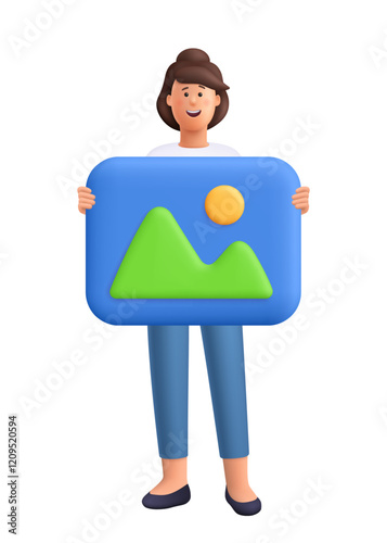 Young smiling woman Jane holding big image or jpg gallery file. Social media, content concept. 3d vector people character. Cartoon minimal style.