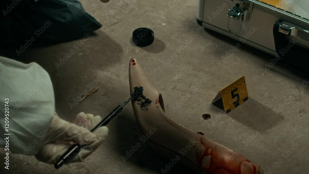 Cropped shot of forensic specialist in protective outfit applying fingerprint powder on bloodstained woman high heel shoe on floor while collecting evidence at crime scene