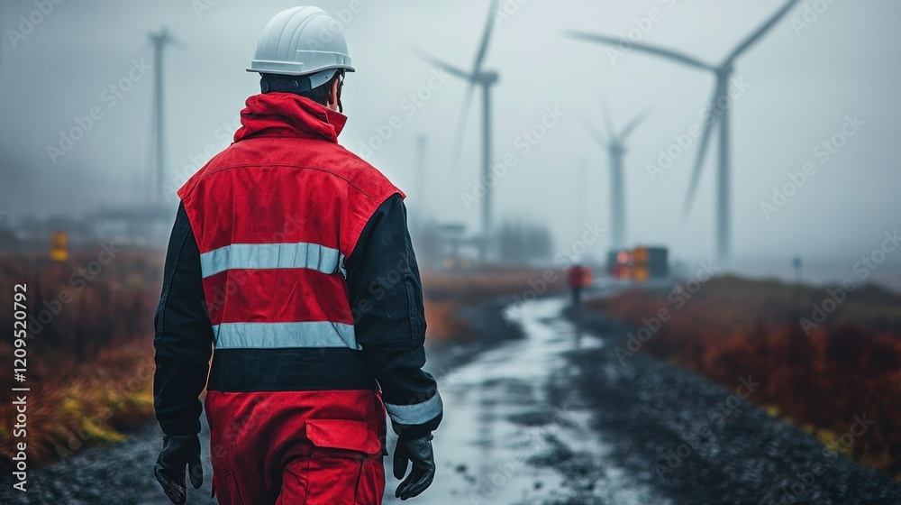 Obraz premium Back view of male worker standing alone in red safety suit walking away from wind farm on foggy day