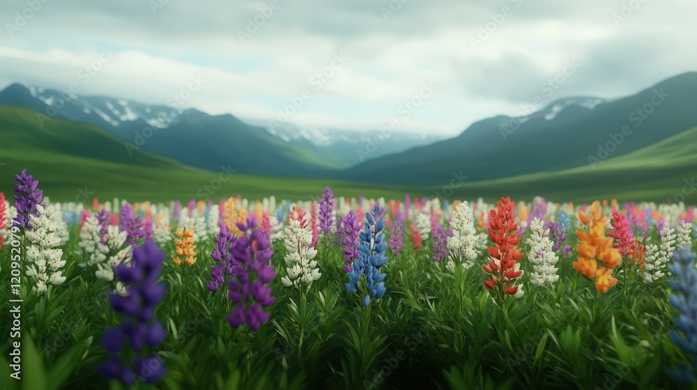 Obraz premium The seasonal ecology of a wildflower meadow Vibrant wildflower field with mountains in the background.