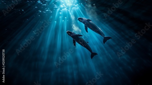 Dolphins swimming, ocean sunlight, deep sea, wildlife photo