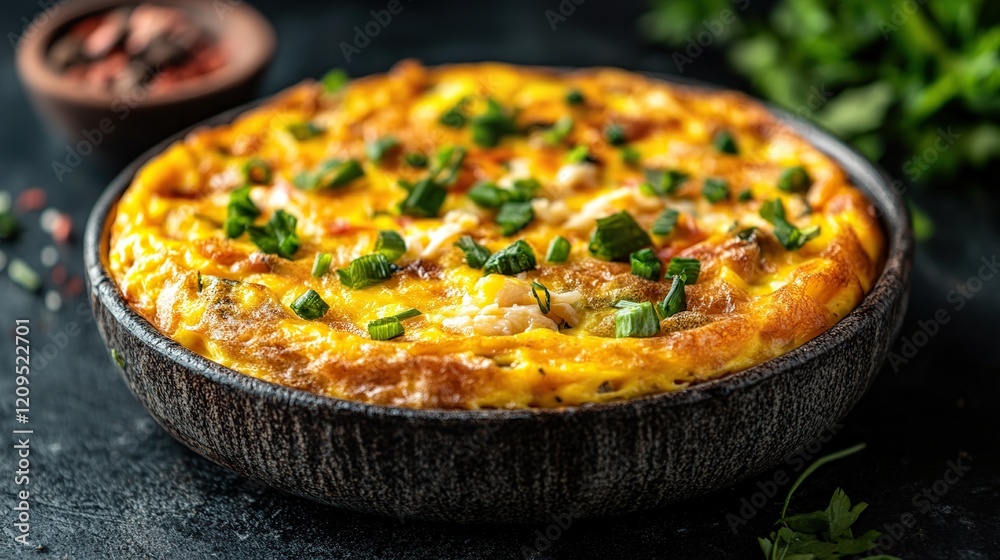 Delicious baked egg dish with herbs, in a dark bowl, on a dark background. Delicious baked egg dish with herbs, in a dark bowl, on a dark background.