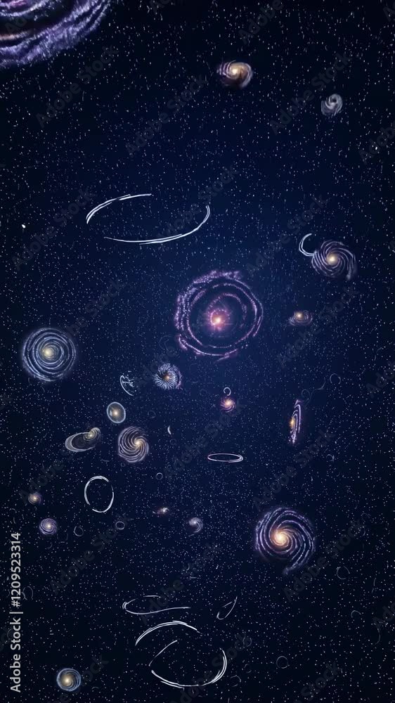 Massive galaxies spinning and rotating through starlit cosmic backdrop, revealing intricate galactic structures and mesmerizing celestial movements in deep space environment