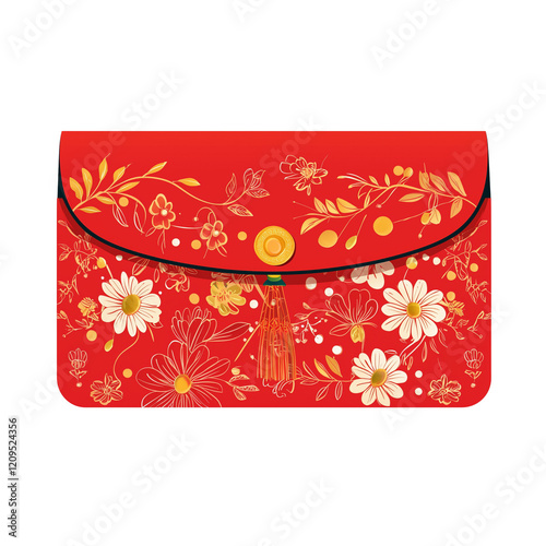 Red Floral Envelope Chinese New Year Gold Design Festive Lucky Money Gift, Transparent Background, Ai Generative Images photo