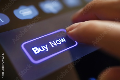 Customer finger pressing buy now button on futuristic digital transparent screen