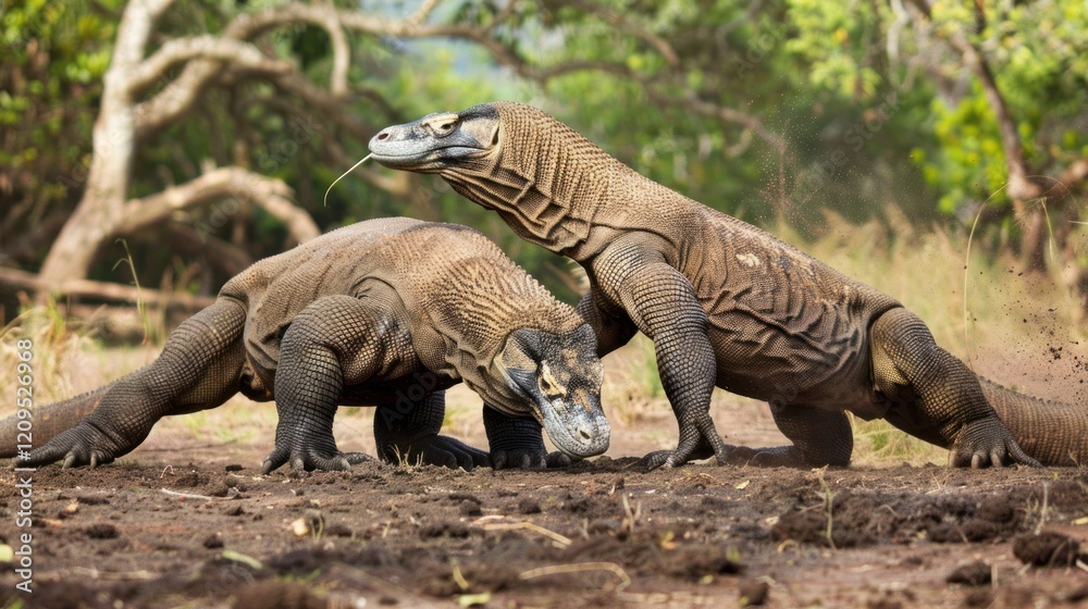 Obraz premium Komodo dragons fighting, Indonesian island, jungle background, wildlife documentary