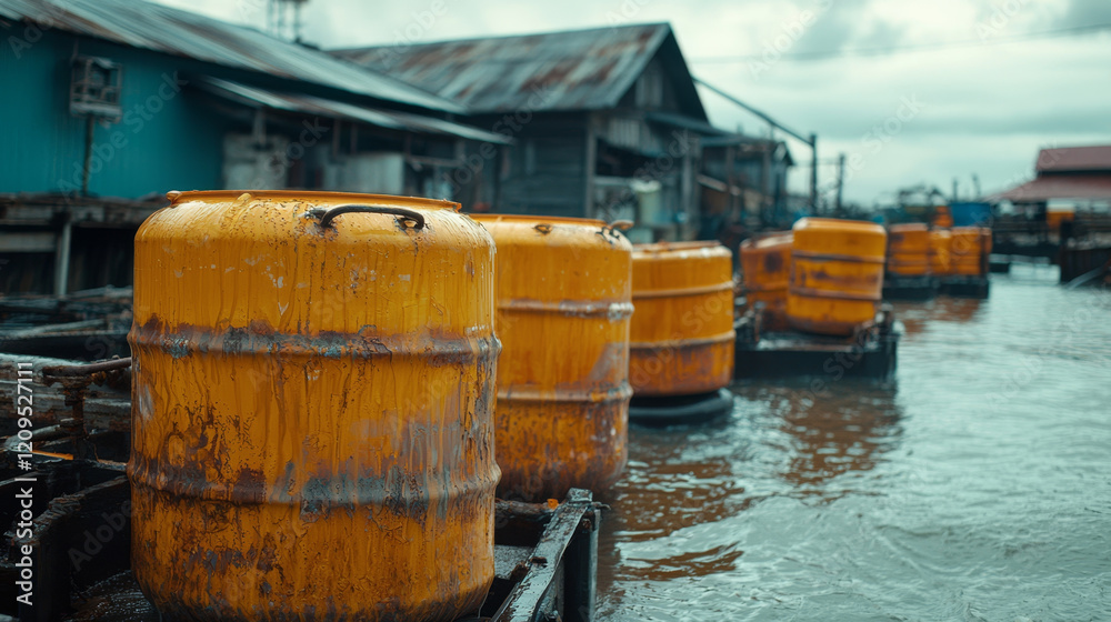 Rusty yellow barrels on a barge, waterfront buildings blurred in background. Rusty yellow barrels on a barge, waterfront buildings blurred in background.