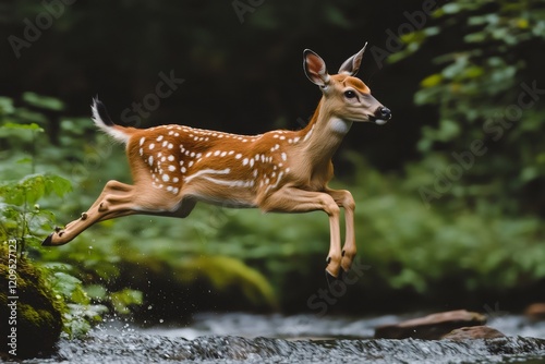 White-tailed deer fawn leaping over forest stream