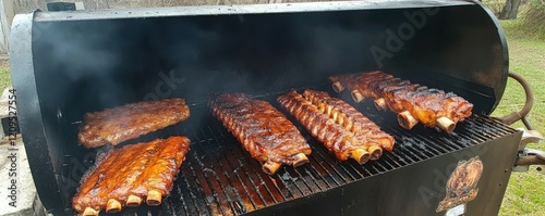 Open smoker with ribs and chicken cooking inside, authentic BBQ setup.