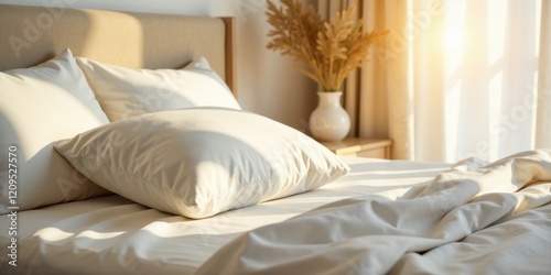 Morning Sunlight Illuminates a Soft, Crisp, and Luxuriously Comfortable Bed with Cream-Colored Bedding