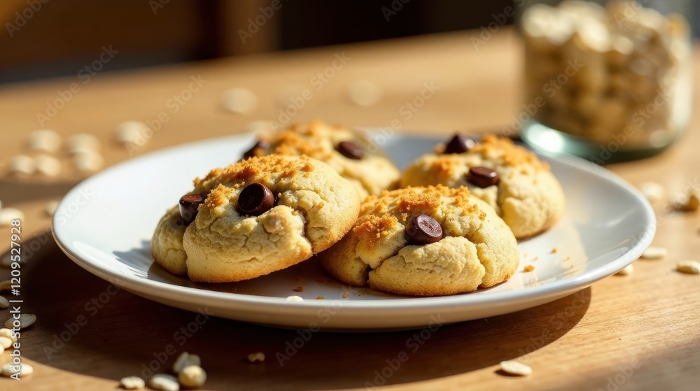 Delicious golden-brown cookies with chocolate chips and a crunchy topping on a plate Delicious golden-brown cookies with chocolate chips and a crunchy topping on a plate