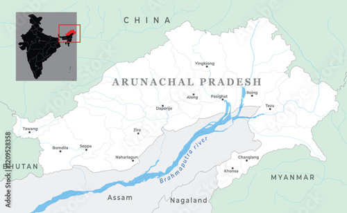 Arunachal Pradesh map showcasing its geography, borders, districts, major towns, natural landmarks, and capital Itanagar in Northeast India