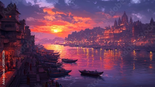 Twilight at manikarnika ghat in varanasi  capturing historical architecture by the ganges river photo