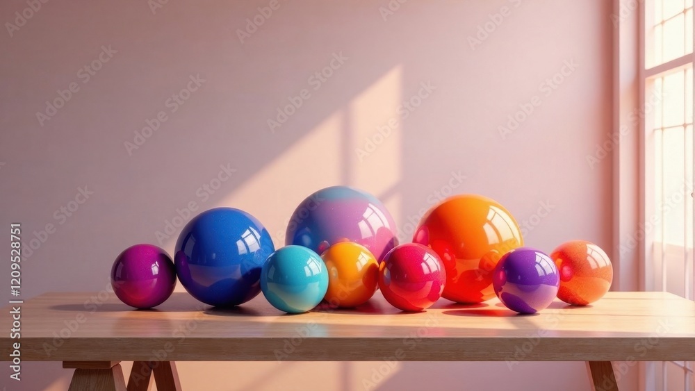Naklejka premium A collection of vibrant, glossy spheres arranged on a light wood table bathed in sunlight, creating a visually appealing and colorful still life.